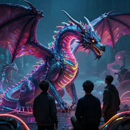 Detailed dragon, neon, they are watching, RGB, glowing wires everywhere, pristine, by Edgar Maxence and Ross Tran, Zdzisław Beksiński, and Michael Whelan, distant, gustav dore, H.R. Giger, 8k, octane render