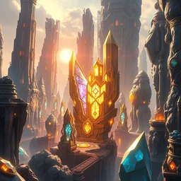 futuristic amazon metropolis, highly detailed crystal and gemstone relics, gold relics, bright sun magic hour, digital painting, solid cube of light, hard edges, artstation, sharp focus, illustration, 8 k highly detailed
