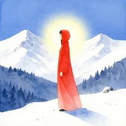 technopriestess at the snowy strawberry mountains. watercolor by moebius, clamp and arina tanemura, backlighting, vibrant palette, minimalism.