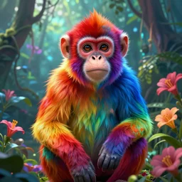 highly detailed portrait of rainbow - colored cappuccin monkey, stephen bliss, unreal engine, fantasy art by greg rutkowski, rhads, ferdinand knab, makoto shinkai and lois van baarle, ilya kuvshinov, rossdraws, tom bagshaw, global illumination, radiant light, red blue theme, jungle, flowers