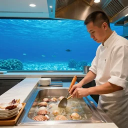 michelin star restaurant interior, kitchen pass an underwater view of pristine seas with fish, scallop dredging