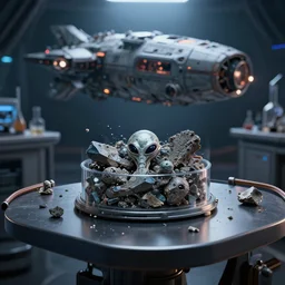 research lab on spaceship, table with a container with alien fragments, dark, complementary colors, epic composition, highly detailed, cinematic, realistic lightning, intricate details, ultra realistic, 8 k, octane render, backlight