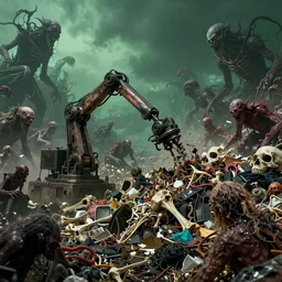 a machine made of rubbish with long arms devours other rubbish and creatures in a giant rubbish heap full of strange and terrifying creatures, under a dark green sky in the distance, bones, corpses, monsters, hell, distorted, creepy, by dan seagrave, cinematic photography, cinematic, ue 5, realistic, sci - fi