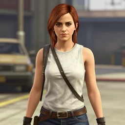 Emma Watson as a GTA V NPC, in game capture. 3D Render.