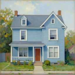 an average size suburban house, dusty blue. beautiful painting by artgerm and greg rutkowski and alphonse mucha
