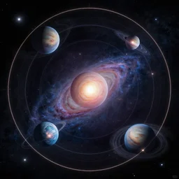 universe, atom style, circular, orbits, galaxies, supernovas, planets