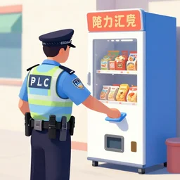 a police officer arresting a snack machine
