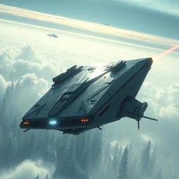 futuristic prism shaped warship spaceship designed by apple with railguns flying above the tundra forest art by greg rutkowski and paul ozzimo, epic fantasy sci - fi volumetric light clear focus detailed unreal engine digital art trending on artstation deviantart octane render,