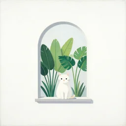 minimalist gouache painting of a cat and tropical plants sitting in a single arched window, white background, midcentury modern