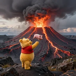 winnie pooh tossing piglet into an active volcano