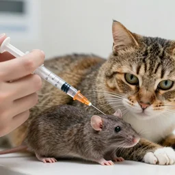 a rat inside a syringe being injected into the side of a cat without hurting the cat
