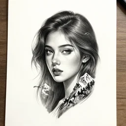 tattoo design sketch of a beautiful girl face and beautiful mountains, hyper realistic