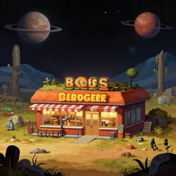 in front of a burger restaurant, in a remote outpost, on an alien planet, from a space themed point and click 2 d graphic adventure game, set design inspired slightly by hg giger and tomb raider, art inspired by william alexander and bob ross