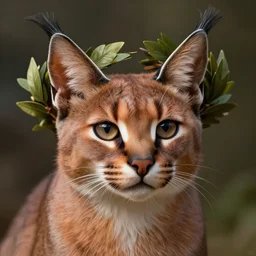 laurel wreath on a head of cute fluffy caracal, photography of kurzgesagt, deep focus, d & d, fantasy, intricate, elegant, highly detailed, digital painting, artstation, concept art, matte, sharp focus, illustration, hearthstone, art by artgerm and greg rutkowski and alphonse mucha