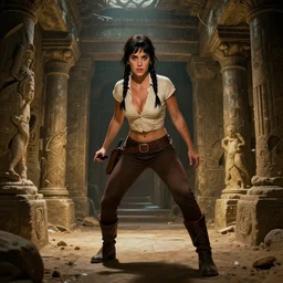katy perry as indiana jones exploring an ancient tomb, volumetric lighting, sylvain sarrailh, artstation