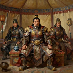 portrait of smart tai armored warlords sit in traditional tent, asian interior decoration, oil painting, fantasy, detailed and intricate environment