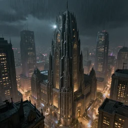 an epic view of a brutalism looking city, dim neon lights, lens flare, scale, night life, heavy rain, deep focus, d & d, fantasy, intricate, elegant, highly detailed, digital painting, artstation, concept art, matte, sharp focus, illustration, art by artgerm and greg rutkowski and alphonse mucha
