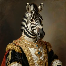 a professional portrait painting of a anthropomorphic zebra wearing decorated royal clothes, serious look, oil painting, painted by Jacques-Louis David