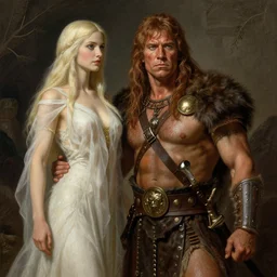 kirk douglas as a barbarian, with a beautiful female fantasy maiden, dungeons and dragons, masterpiece by michael whelan, gustav dore, 8 k, octane render
