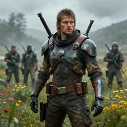 hyperrealistic portrait of a falllout 5 character in a scenic environment, settler, flowers, rain, war, by beksinski zdzislaw, yoro sean, buchholz, quint, christensen james c.