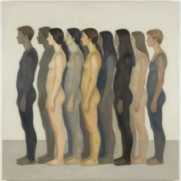 soft, curvaceous by mati klarwein, by marsden hartley, by tatsuro kiuchi. a beautiful experimental art of a group of people standing in a line. they are all facing the same direction & appear to be waiting for something.