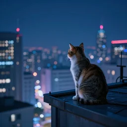 a cat observing a neon city from the roof of a building at night, digital art, digital painting