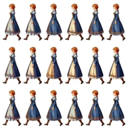 walking animation sprite sheet of a girl in a renaissance dress, walking to the right, each sprite is a different frame of the animation, in the style of final fantasy games, side view of her taking steps