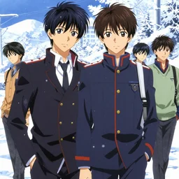 boy's love anime high school winter noon setting, high detail concept art, perfect proportions fine face, tall handsome guys, close together, avant uniform, vivid colors, romantic undertones, realistic shaded lighting poster fantasy art ilya kuvshinov, katsuhiro, jeremy lipking and michael germash, makoto shinkai, loish and clamp style, best selling artist