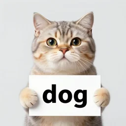cat holding a sign that says 'dog'