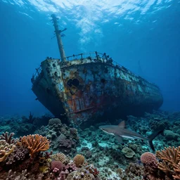 landscape photography by marc adamus, ship wreck under water, coral reef, shark, dramatic lighting, beautiful, hyper detailed, uhd,