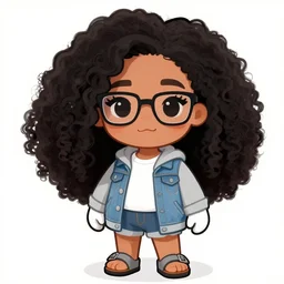 a beautiful woman with # e 0 a 3 7 a skin color, south east asian with long, puffy, afro hair, stylistic oval black eyes, half - frame square glasses, light grey hoodie opened, white t - shirt, white gloves, denim jacket, birkenstock sandals, cartoon style, character art, cute