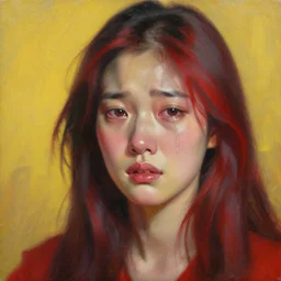 a realistic detail portrait of a beautiful chinese girl has black and red hair, crying, oil painting by julian calle, greg rutkowski, finnian macmanus, syd mead trending on artstation, red and yellow scheme, 8 k, wide - angle lens