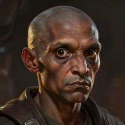 concept art of an star wars alien by greg rutkowski, round face, noseless, dark greekn skin, round eyes, nervious attitude, detailed portrait, very very beautiful art, artstation hq.