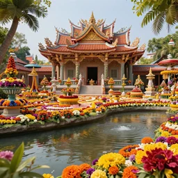 asian temple filled with colorful flowers and a river, ultradetailed, trending on artstation