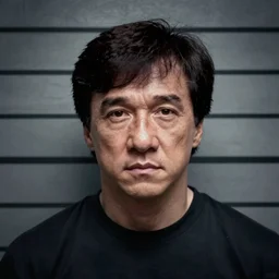 prison mugshot of jackie chan, dramatic lighting, low saturation, somber expression, soft vignette, 4 k