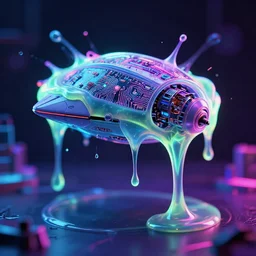 neon slime dripping, spaceship, detailed tiny glass circuits, broken cyborg, neon slime, cyber blur, neon, glowing, shallow depth of field, high resol