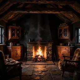 photorealistic rendering of interior a hebrides crofter's black house dwelling, in scotland, 1 8 0 0 s, cozy, open peat fire in center of room, stone floor, smoke, cabinets, wooden furtniture, turf roof, volumetric lighting, dark, dark, dingy, old, unreal engine render