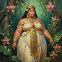 plump aztec scifi princess of the orchid rainforest, wearing a lovely dress. this oil painting by the award - winning mangaka has an interesting color scheme, plenty of details and impeccable lighting.