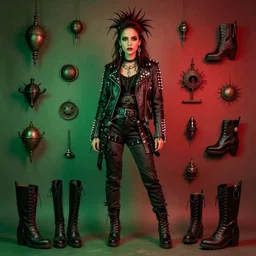 beautiful fantasy character portrait, natalie portman, boots, wearing a emo outfit, leather jacket, silver studs, punk hair, ultra realistic, dramatic red and green lighting, romper stomper artifacts, highly detailed by peter mohrbacher, hajime sorayama, wayne barlowe, boris vallejo, aaron horkey, gaston bussiere, craig mullins
