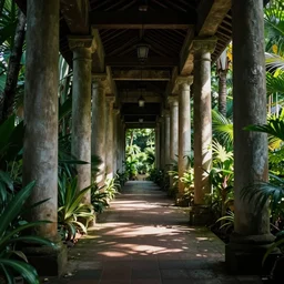 a hallway lined with tall columns surrounded by tropics plants