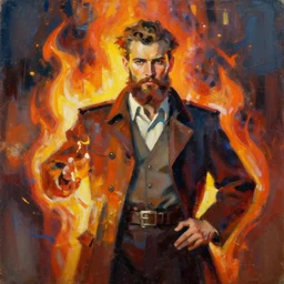 abstract painting of man on fire, handsome. Bearded. by craig mullins, featured on artstation. Portrait. Soviet era pose