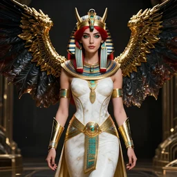 red - haired final fantasy white marble egyptian pharaoh with dragon wings, warframe armor, regal, attractive, ornate, sultry, sexy, beautiful, elize theron, pretty face, green eyes, scifi platform, 4 k, ultra realistic, epic lighting, illuminated, cinematic, black gold, art by alexandra petruk, voidstar