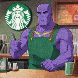 thanos as starbucks barista, cel shading, 9 0 s anime style