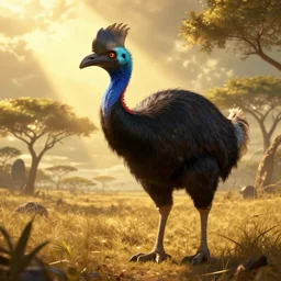 epic professional digital fantasy art of a large aepyornis bird in madagascar savanna, ambient gold streaming sunlight, hd, 4 k, artstation, fantastic, detailed, scary, epic