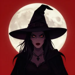 close up portrait of a dark witch in front of the full big moon, red background, vector graphic, detailed, full HD, 4k, 8k, 1080p, HDR, CGsociety