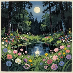gediminas pranckevicius, a pond in the forest, moonlight, flower garden summer morning, very coherent and colorful high contrast art by simon stalenhag floralpunk screen printing woodblock, dark shadows, pastel color, hard lighting