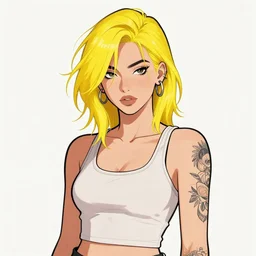 character portrait of a cool latina girl with messy yellow hair, wearing a tanktop, lesbian, tattooed arm, highly detailed, stylized, medium shot, vector line art, clean cel shaded vector art, by ross tron, lois van baarle, artgerm, helen huang, makoto shinkai, ilya kuvshinov, rossdraws