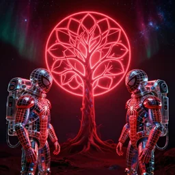 symmetrical spider man tron neon glowing matrix chrome robot reflection glass astronaut looking at a glowing tree of life, weird, creepy, quiet, red color scheme, andromeda krogan nebula aurora, bioluminance alena aenami artworks in 4 k, moebius!! dan mumford thomas kinkade