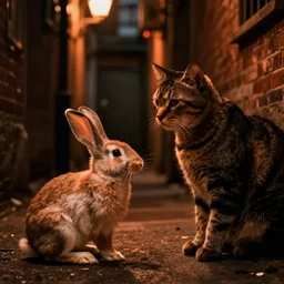 a slender rabbit is talking with a big cat in a dark alley, warm color palette, night time, dramatic lighting, noir film, fine details, high contrast, blacksad, kim jung gi, greg rutkowski, trending on artstation, 8 k, ultra wide angle