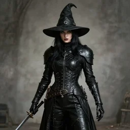 ash maker, black leather, cyborg witch hunter, mysterious photo realism, style of roger fenton, flash photo